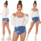 Preview: Modernes 2er Set Rippstrick Cardigan und Top in weiß