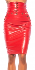 High Waist Kunstlederrock mit Zierknöpfen - rot