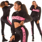 Preview: Niki Freizeit Anzug mit Kontrastbordüre in schwarz/neonpink