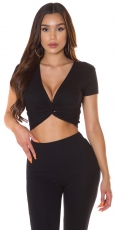 Bauchfreies Crop-Top im sexy Wickel-Optik - schwarz