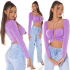 Preview: Sexy Crop-Top mit langen Ärmeln und Bindebändchen - flieder