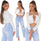 Preview: Sexy Crop-Top mit langen Ärmeln und Bindebändchen - weiß