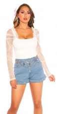 Gerafftes Stretch-Top mit transparenten Ärmeln - weiß