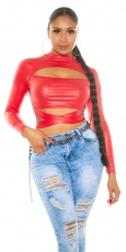 Bauchfreies Langarmshirt im sexy Leder-Look - rot