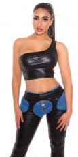 Sexy bauchfreies One Shoulder Top im Wetlook - schwarz