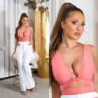 Preview: Sexy Crop-Top mit Schmuckring und Bindebändchen - coral
