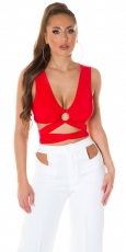 Sexy Crop-Top mit Schmuckring und Bindebändchen - rot