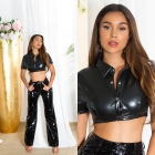 Preview: Bbauchfreies Top in Leder-Optik mit Knöpfen - schwarz