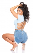 Sexy Crop-Top mit Schnürleiste im Rücken - babyblau