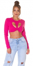 Bauchfreies Langarm-Top mit sexy Cutout und Soft-Cups - pink