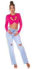 Preview: Bauchfreies Langarm-Top mit sexy Cutout und Soft-Cups - pink