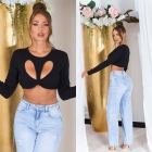 Preview: Bauchfreies Langarm-Top mit sexy Cutout und Soft-Cups - schwarz
