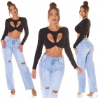 Preview: Bauchfreies Langarm-Top mit sexy Cutout und Soft-Cups - schwarz
