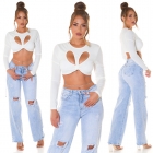 Preview: Bauchfreies Langarm-Top mit sexy Cutout und Soft-Cups - weiß