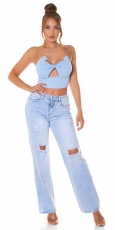 Preview: Sexy Träger- Stretch- Top mit Cutouts und Softcups - babyblau