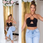 Preview: Sexy Träger- Stretch- Top mit Cutouts und Softcups - schwarz