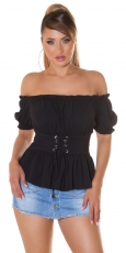 Schulterfreie Carmen-Bluse mit Volant-Abschluss - schwarz