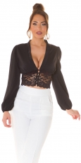 Sexy geknöpfte Crop Bluse mit Spitze - schwarz