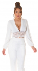 Sexy geknöpfte Crop Bluse mit Spitze - weiß