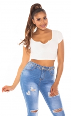 Bauchfreies Shirt mit sexy Schlitz-Cut-Out in weiß