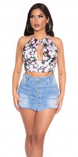 Rückenfreies Crop-Top mit bunten Blüten-Muster - schwarz