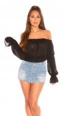 Süsses Carmen-Shirt mit Rüschen-Abschlüssen in schwarz
