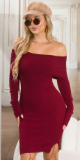 Preview: Anschmiegsames Feinstrick-Minikleid mit Umlegekragen - bordeaux