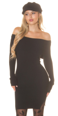 Anschmiegsames Feinstrick-Minikleid mit Umlegekragen - schwarz