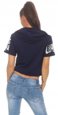 Preview: Bauchfreies Kapuzen-Shirt großem Schrift-Print - mitternachtsblau