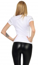 Preview: Figurbetontes Shirt mit Schulter Cut Out und Nieten-Verzierungen - weiß