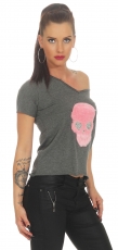 Preview: Witziges Shirt mit pinkfarbenen Kunstfell-Skull - graphit