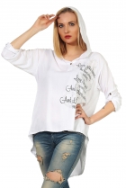 Preview: Oversize Shirt mit Kapuze und verzierten Schrift-Print - weiß