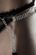 Preview: Erotisches Set mit Strassverzierung bestehend aus Handschellen, String, Stockings und Strumpfgürtel - schwarz