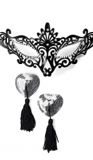 Preview: Erotisches Set bestehend aus Maske, Büstenhalter, Patches und String - schwarz