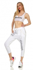 Preview: Harems-Freizeithose mit Schrift-Prints und Zier-Hosenträgern - weiß
