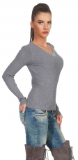 Preview: Taillierter Feinstrick-Pullover mit Strass-Verzierung - stone