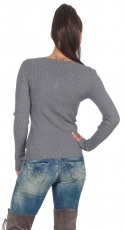 Preview: Taillierter Feinstrick-Pullover mit Strass-Verzierung - stone