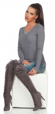 Preview: Taillierter Feinstrick-Pullover mit Strass-Verzierung - stone