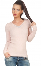 Preview: Taillierter Feinstrick-Pullover mit Strass-Verzierung - rosa
