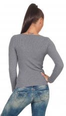 Preview: Taillierter Rippstrick-Pullover mit kurzer Knopfleiste - stone