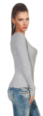 Figurbetonter Rippstrick-Pulli mit V-Ausschnitt - stone