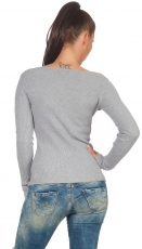 Figurbetonter Rippstrick-Pulli mit V-Ausschnitt - stone