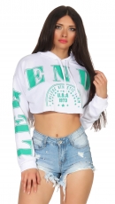Bauchfreier Hoodie Sweater mit XXL-Schriftzugprint in weiß