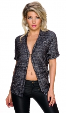 Preview: Kuschelige Paillettenjacke mit kurzen Ärmeln - grau/gold