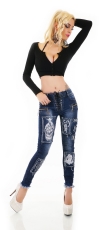 Preview: Vintage-Jeans mit Schmuck-Patches und Schnürleiste in dark blue