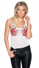 Transparentes Body-Top mit großen Blumenapplikationen - weiß