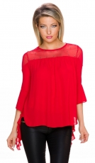 Ausgefallenes Langarmshirt mit Mesh-Einsatz und Perlenverzierung - rot