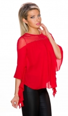 Preview: Ausgefallenes Langarmshirt mit Mesh-Einsatz und Perlenverzierung - rot