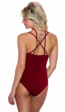 Preview: Tief ausgeschnittener Body mit ausgefallener Trägerführung - weinrot