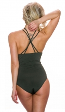 Preview: Tief ausgeschnittener Body mit ausgefallener Trägerführung - dunkeloliv